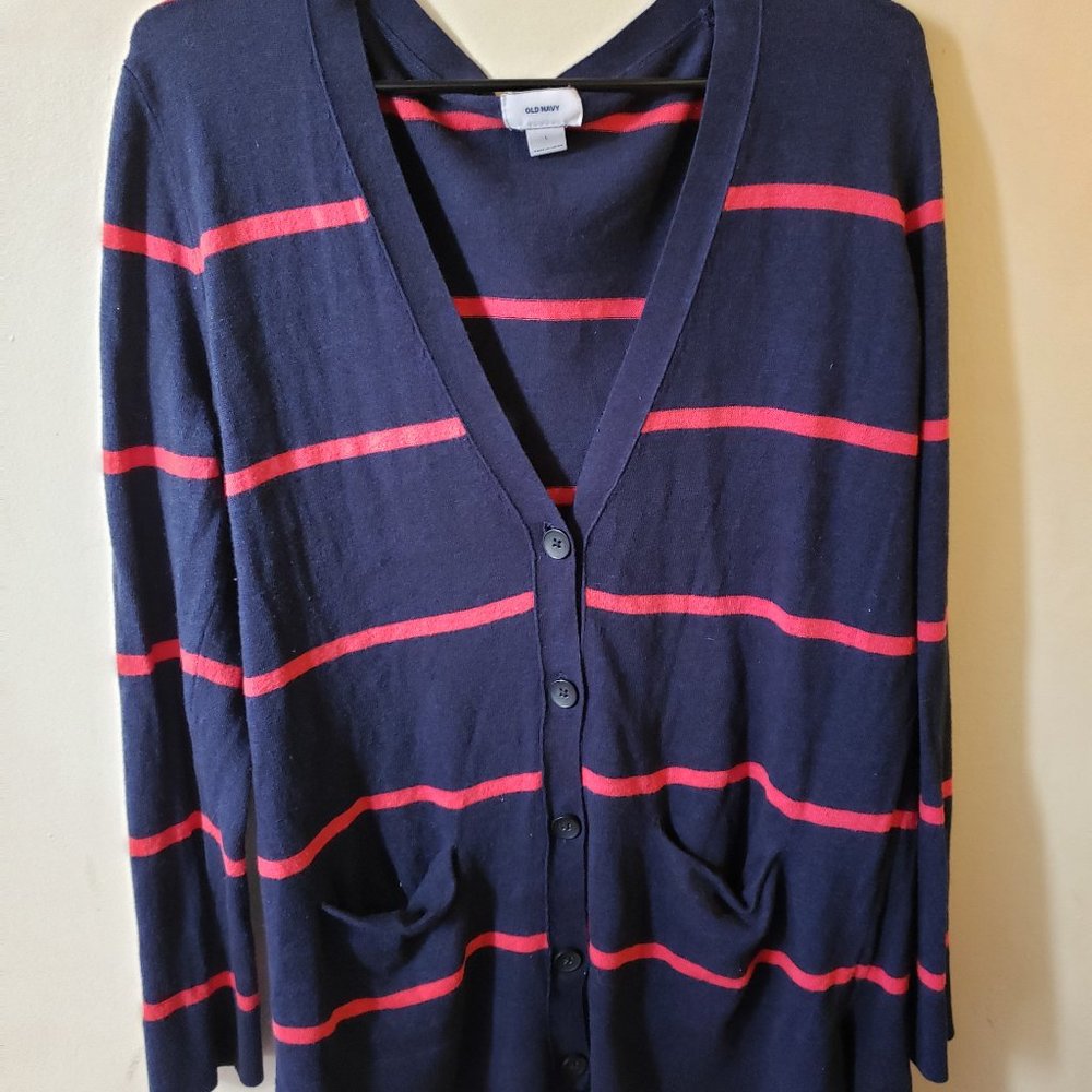 Navy Blue Button Up Sweater with Red Stripes